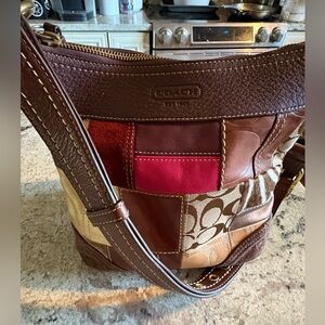 Coach Patchwork Brown Logo Suede Purse Shoulder Bag Leather Women Y2K